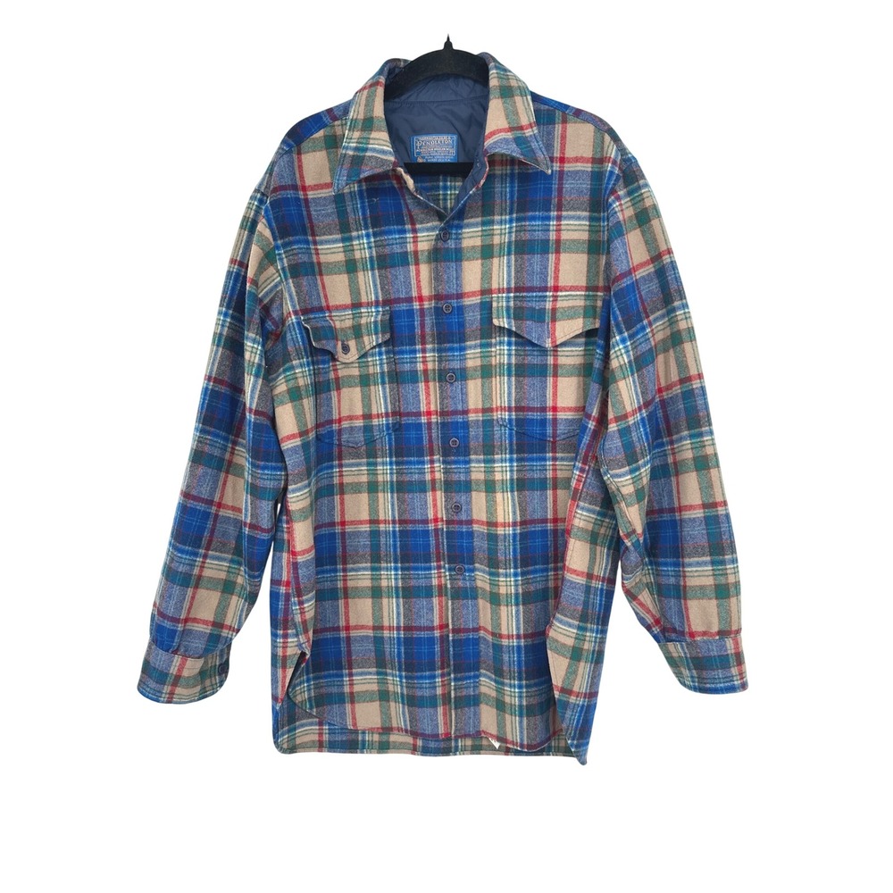Pendleton Vintage Wool Flannel Shirt Mens L Blue Plaid Made in USA Gorpcore